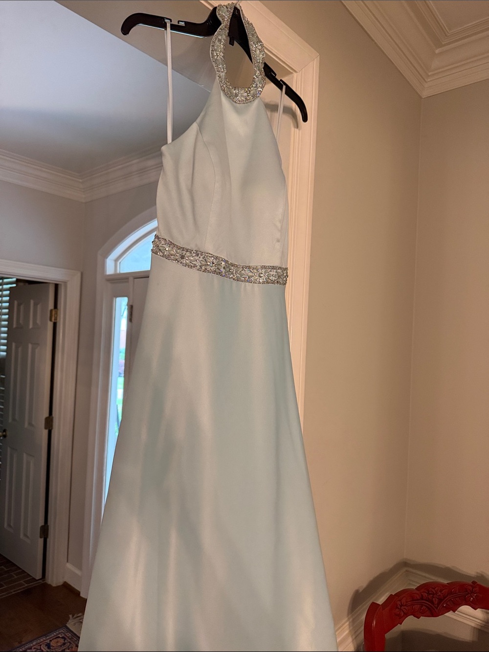 Beaded Halter Satin Evening Gown in Pale Blue size 6
